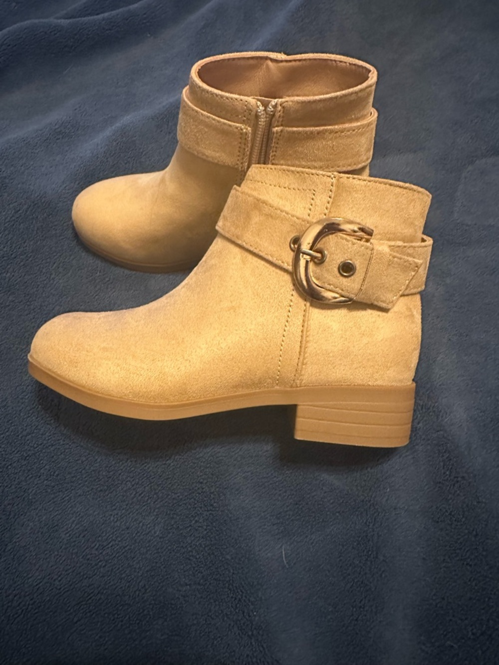 Kids Tan Suede Ankle Boots with Buckle Accent
